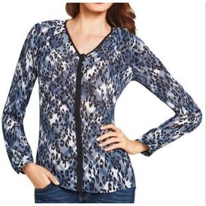 Cabi Fatale Animal Print Sheer Tunic Blouse Womens S Black Blue V Neck Button Up